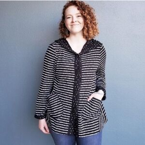 HABITAT Black White Hooded Cardigan Striped Polka Dot Size Large Lagenlook